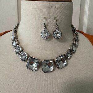 Square Clear Glass Bead Necklace and Earring Set